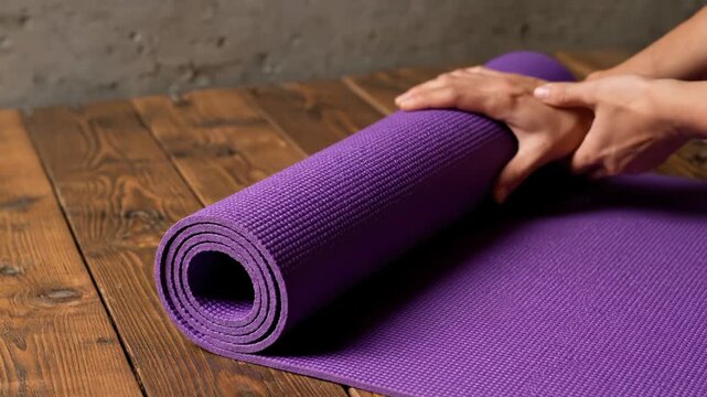 Hands carefully rolling up a purple yoga mat on a rustic wooden floor