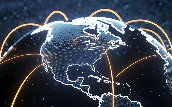 Digital representation of global network connections depicting data transfer and communication across continents in a dark abstract visual