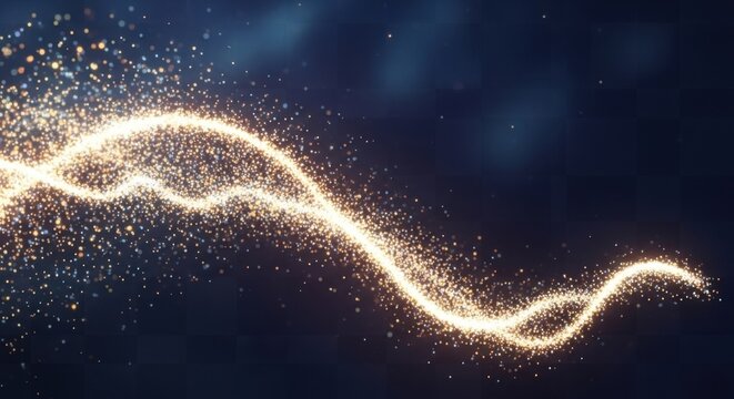 Sparkling golden light trail flows diagonally across a dark blue background creating an elegant abstract design that evokes a sense of magic and wonder perfect for adding a touch of luxury to any pro