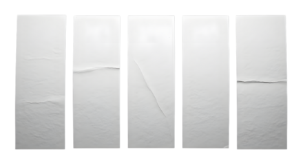 Five vertical strips of torn white paper with visible creases and imperfections on a black background