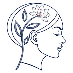 Woman s head profile with a lotus flower and leaves growing inside
