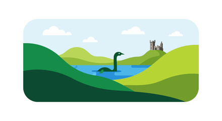 Flat Design Loch Ness Monster Illustration in Scottish Landscape Scenery