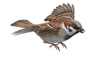 A detailed close up of a male house sparrow in flight with wings spread wide showing intricate feather detail isolated on transparent background