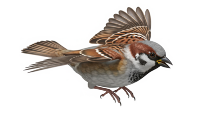 A detailed close up of a male house sparrow in flight with wings spread wide showing intricate feather detail isolated on transparent background