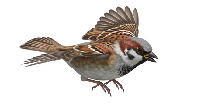 A detailed close up of a male house sparrow in flight with wings spread wide showing intricate feather detail isolated on transparent background
