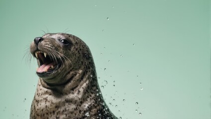 Fototapeta premium Grey Seal Displaying Teeth in Water with Green Background.