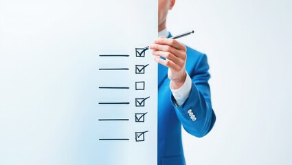 Businessman checking items on a checklist with a pen