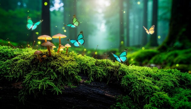 green forest in night, close up of butterflies with mushroom in fantasy forest, Green magical forest, fantasy dream forest with butterflies, Fantasy forest with glowing mushrooms and green butterflies - Powered by Adobe