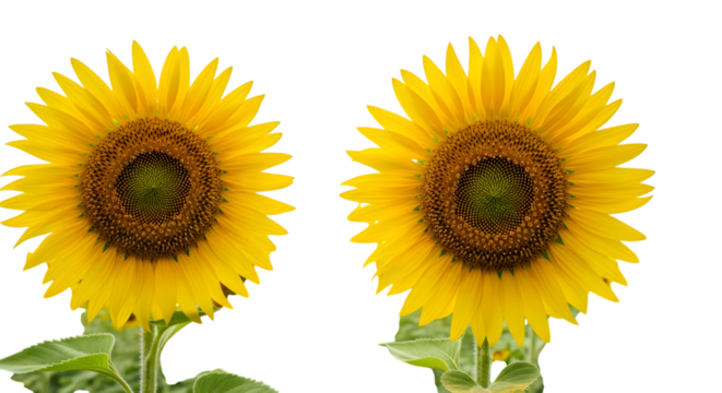 Two vibrant yellow sunflowers with dark centers bloom against a stark black background