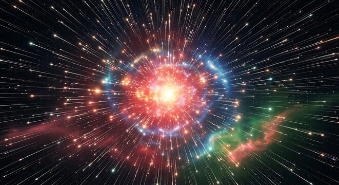Abstract cosmic explosion illustration with bright energy burst and star trails