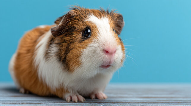 A guinea pig with brown and white fur sitting on a gray surface against a blue background in studio light