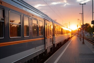 Obraz premium A train waits at a station during sunset, casting warm light on the platform. The scene evokes a sense of calm and travel anticipation.