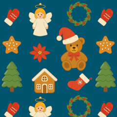 Brown bear with a red bow and Santa Claus hat. New Year's pattern.