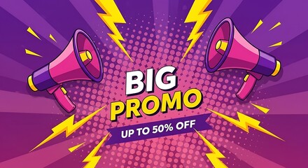 Dynamic big promo announcement with megaphones and lightning bolts
