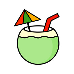 Coconut water with umbrella and straw.