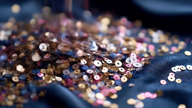 Macro view of sparkling colorful sequins scattered on a dark textured fabric surface.