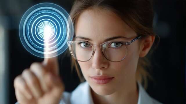 Innovation Interface: A focused woman in glasses interacts with an illuminated digital interface, epitomizing the cutting edge of technological advancement and intuitive interaction.