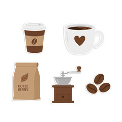 A collection of coffee-themed vector illustrations including a cup, mug, beans, grinder, and bag.