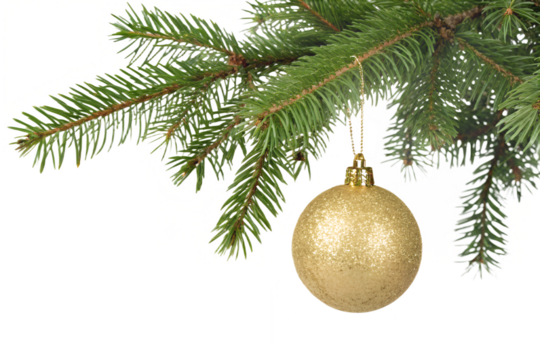 Golden christmas bauble ornament hanging from green pine branch, showcasing classic holiday decor with focus on shiny, reflective textures and festive simplicity