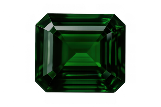 Emerald cut opulent green gemstone symbolizing luxury and wealth, a precious faceted mineral on transparent background