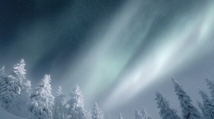 Snowy fir forests on winter mountains with dazzling Aurora Borealis in clear night sky, festive Christmas scene
