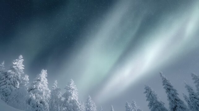Snowy fir forests on winter mountains with dazzling Aurora Borealis in clear night sky, festive Christmas scene