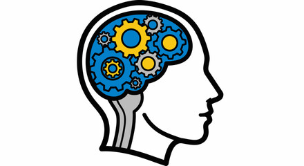 Head silhouette filled with gears, representing thought, ideas, and mental processes.