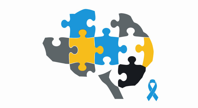 Brain illustration composed of puzzle pieces in various colors, with a blue awareness ribbon at the bottom.