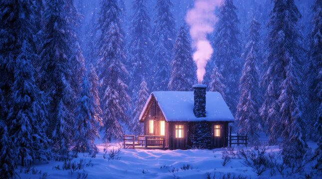 Remote winter cabin with smoke rising from chimney, surrounded by snow and pine forest