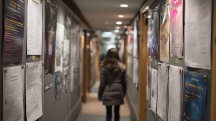 Woman Walking Through Bulletin Board Corridor in Public Building or Office