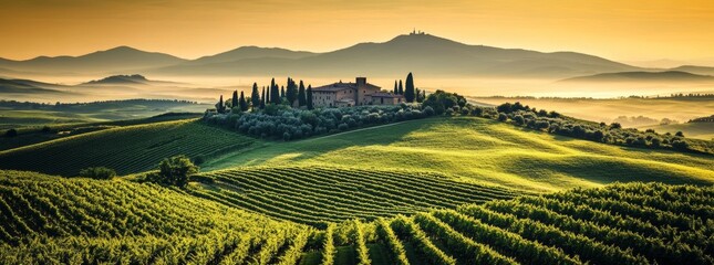 Obraz premium A Tuscan landscape panorama at sunrise from Val d'Orcia, Italy