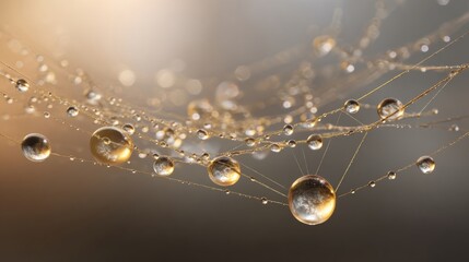 Intricate macro view of dew on spider web threads with golden highlights