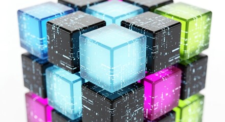 Close-up of colorful cubes, digital pattern surfaces creating a three-dimensional arrangement. Concept for data visualization, abstract designs and technology solutions