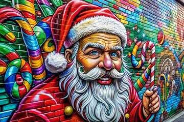 Colorful Santa Claus Mural with Candy Canes and Festive Graffiti Wall