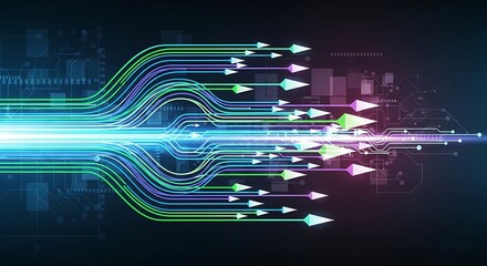 Abstract data flow visualization with arrows and vibrant glowing lines