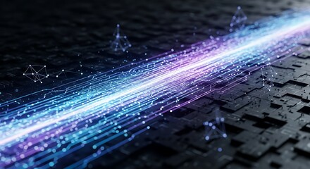 Abstract data stream of light with network connections on dark surface