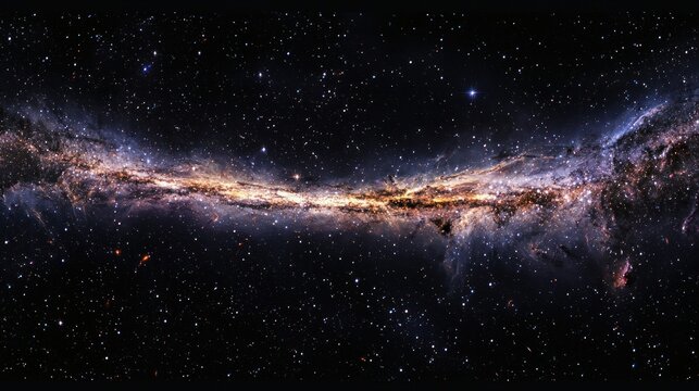 A vast, cosmic expanse with a spiral galaxy, stars, and nebulae, set against a dark backdrop with a few scattered stars.