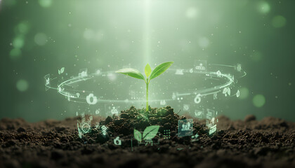 Green Plant Sprouting with Luminous Digital Data Ring