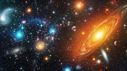 A vibrant galaxy with a central spiral galaxy and numerous smaller galaxies scattered throughout, set against a dark backdrop with a few stars and a few distant galaxies in the background.