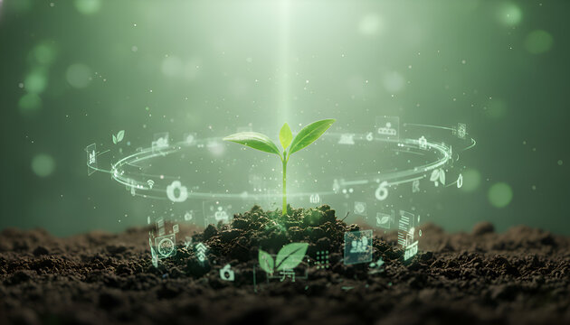 Green Plant Sprouting with Luminous Digital Data Ring