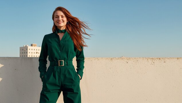 Young Woman Red Hair Green Jumpsuit Fashionable Confident Posing White Wall Blue Sky Smiling Hands Pockets Outdoor Morning Sunlight Style Elegant Generative AI