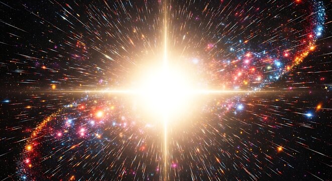 Abstract depiction of a bright starburst with colorful streams in space