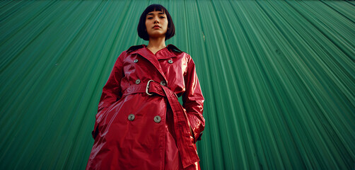 Woman Red Trench Coat Standing Green Wall Frog Eye View High Collar Long Sleeves Dark Hair Sleek Bob Dramatic Edgy Summer Sun Generative AI