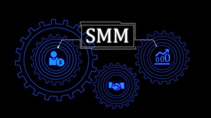 SMM concept with glowing blue gears and business icons on dark background social media marketing digital marketing. 4k video animation. - Powered by Adobe