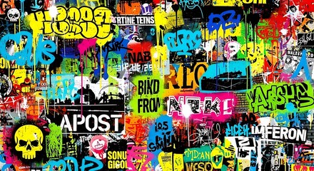 Vibrant urban street art collage with graffiti and stencils