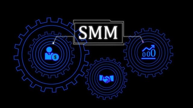SMM concept with glowing blue gears and business icons on dark background social media marketing digital marketing. 4k video animation. - Powered by Adobe