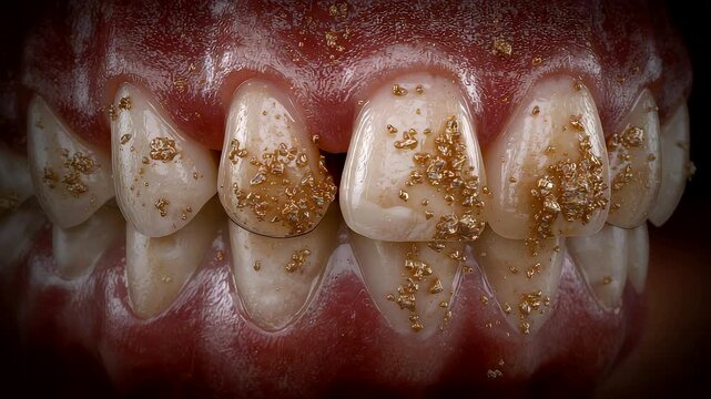 Severe Dental Plaque and Tartar Buildup on Human Teeth with Yellow Brown Deposits