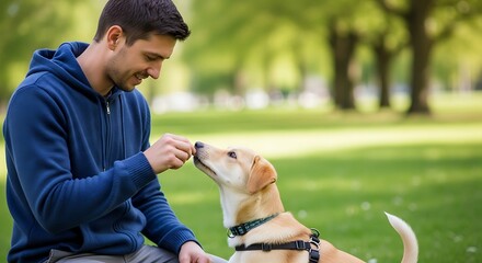 Young Man Wearing Blue Hoodie Playing with Labrador Puppy in Park on Sunny Day