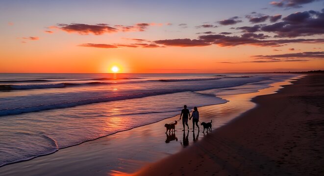 Silhouetted Couple Walking with Dogs on Beach at Sunset in Romantic Calm Scene
