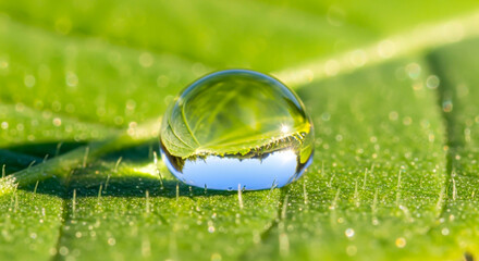 Close up of a water droplet on a green leaf reflecting the environment , ai generated image